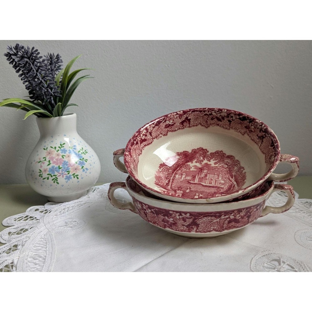 Masons Vista England Pink Ironstone Handled Soup Bowls Set of 2‎
